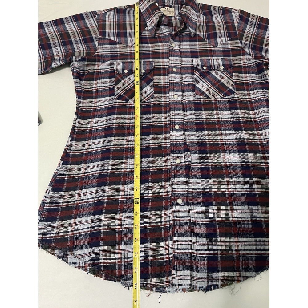 Dee Cee Vintage 80s Red Blue Plaid Pearl Snap Western Raw Hem Shirt 15 1/2 - 35 - Picture 6 of 8